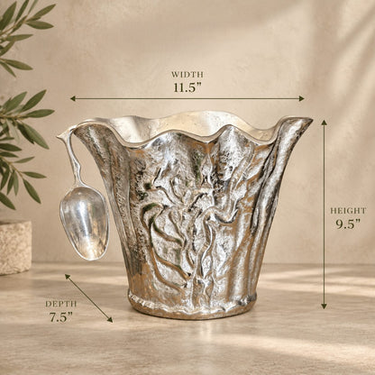 Dimension guide of handcrafted aluminium ice bucket showing width 11.5 inches, height 9.5 inches and depth 7.5 inches