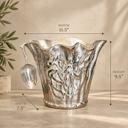 Dimension guide of handcrafted aluminium ice bucket showing width 11.5 inches, height 9.5 inches and depth 7.5 inches