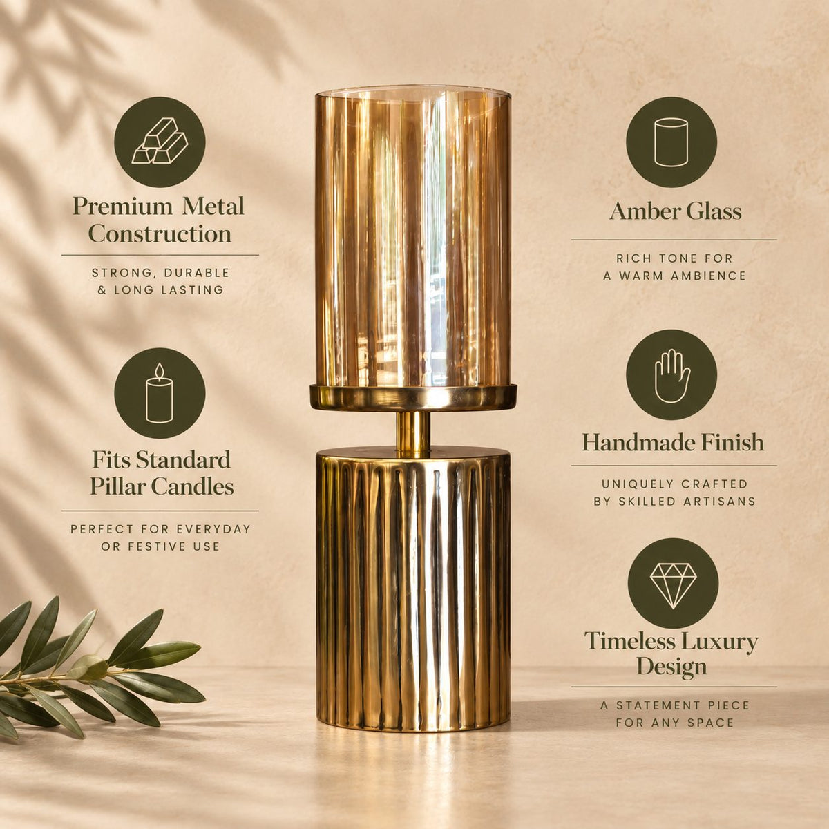Feature infographic highlighting the premium metal construction, amber glass, handmade finish, standard pillar candle compatibility, and timeless luxury design.