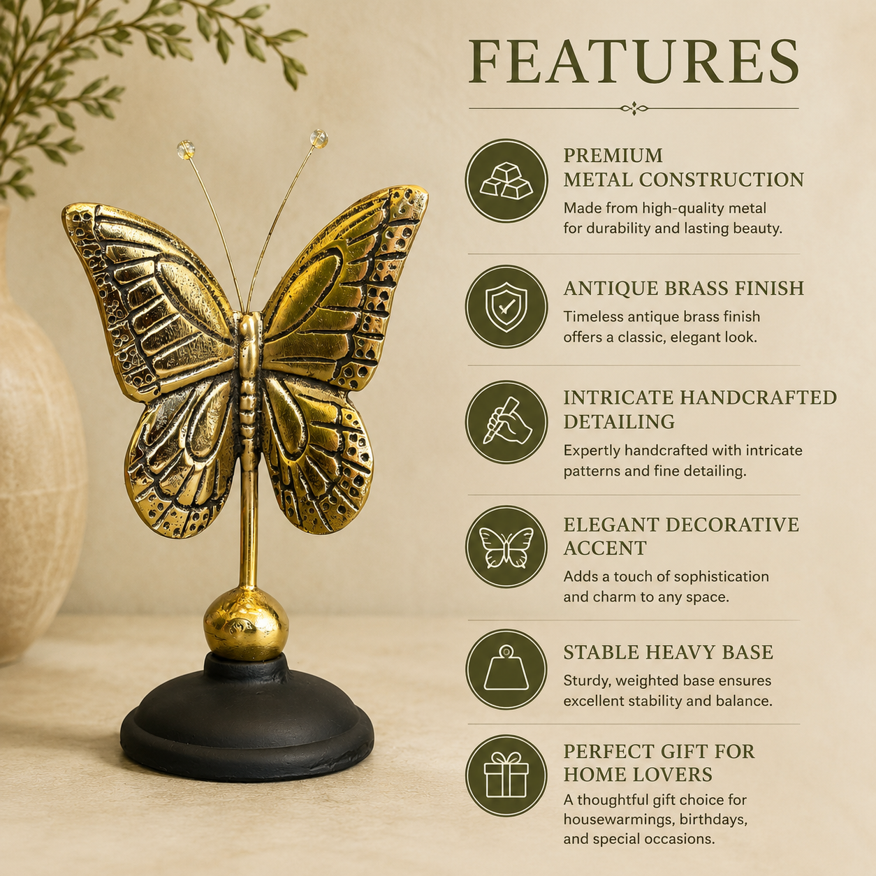 Luxury features infographic of an antique brass butterfly figurine with premium metal construction, antique brass finish, intricate handcrafted detailing, stable heavy base, and elegant decorative design by Inara Home Decor.