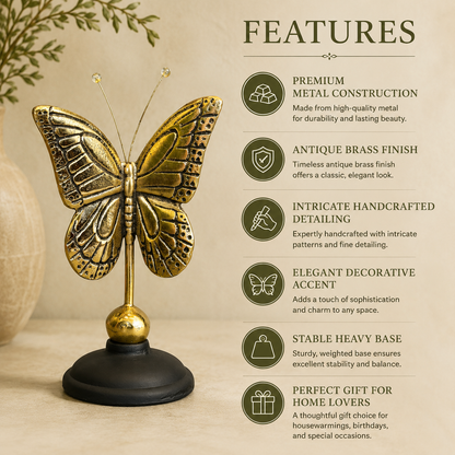Luxury features infographic of an antique brass butterfly figurine with premium metal construction, antique brass finish, intricate handcrafted detailing, stable heavy base, and elegant decorative design by Inara Home Decor.