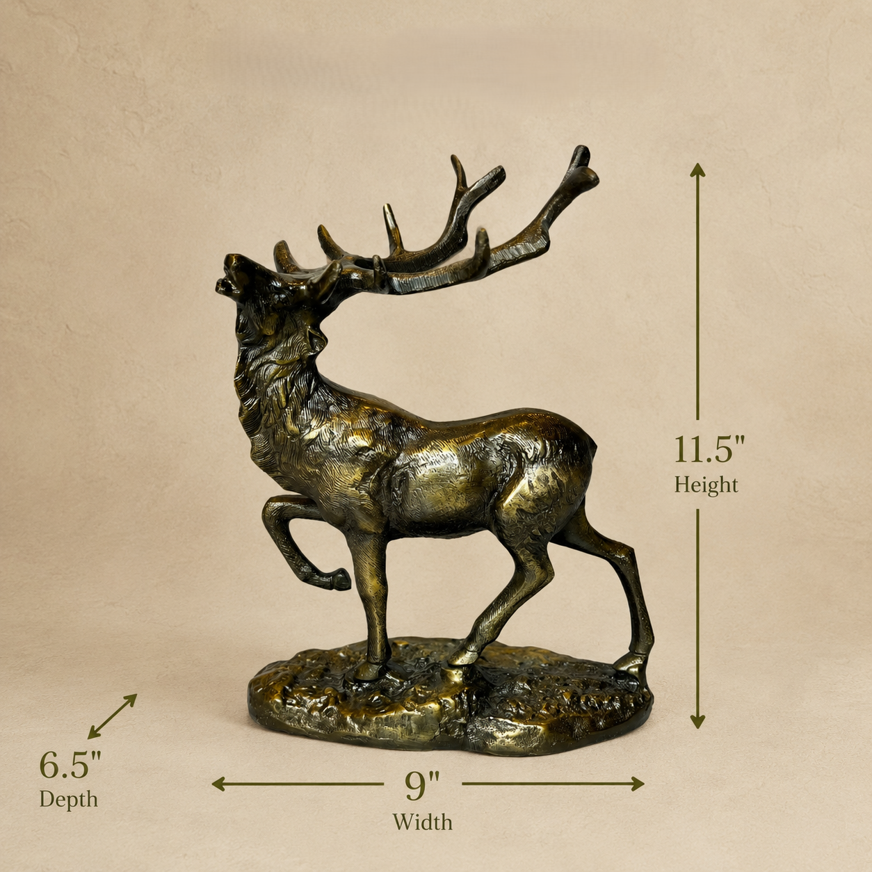 Antique brass deer sculpture with detailed antlers on a decorative base, measuring 11.5 inches high, 9 inches wide, and 6.5 inches deep, luxury resin home décor by Inara.