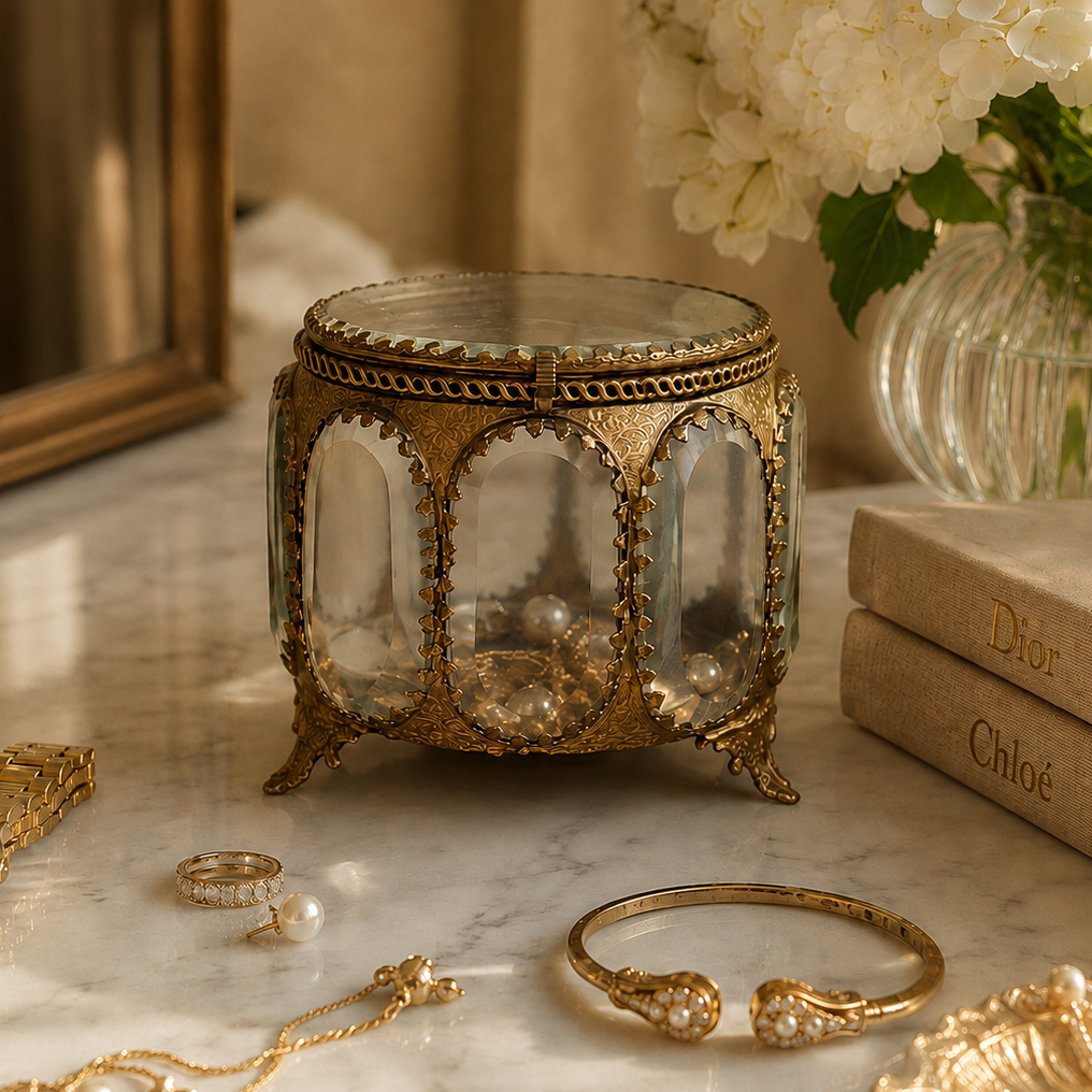 Antique brass and glass jewelry box displayed on a luxury marble vanity with gold jewelry and white flowers, elegant home decor by Inara Home Decor.