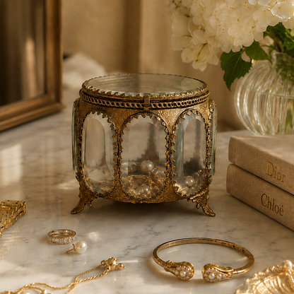 Antique brass and glass jewelry box displayed on a luxury marble vanity with gold jewelry and white flowers, elegant home decor by Inara Home Decor.