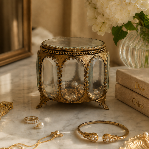 Antique brass and glass jewelry box displayed on a luxury marble vanity with gold jewelry and white flowers, elegant home decor by Inara Home Decor.