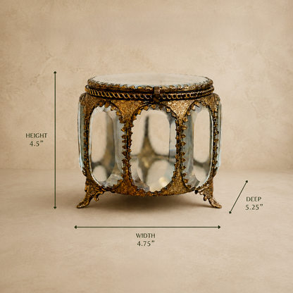 Dimensions of the Antique Brass and Glass Trinket Box showing 4.5-inch height, 4.75-inch width, and 5.25-inch depth by Inara Home Decor.
