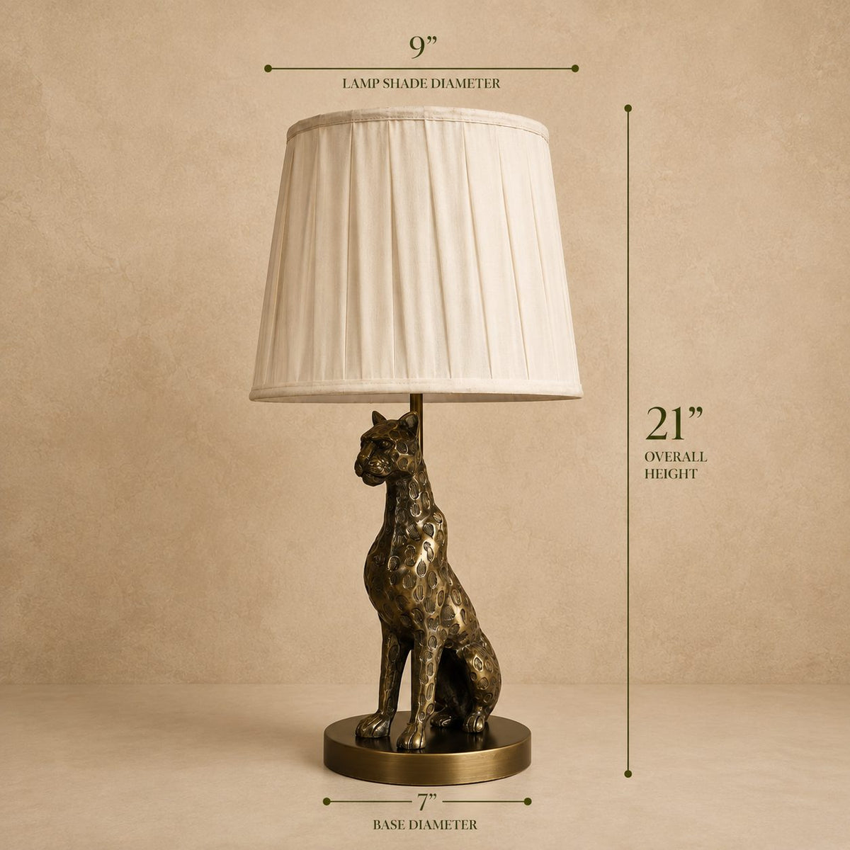 Dimension guide of the antique brass leopard table lamp showing 21-inch height, 9-inch lampshade diameter, and 7-inch base diameter.