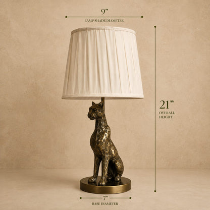 Dimension guide of the antique brass leopard table lamp showing 21-inch height, 9-inch lampshade diameter, and 7-inch base diameter.