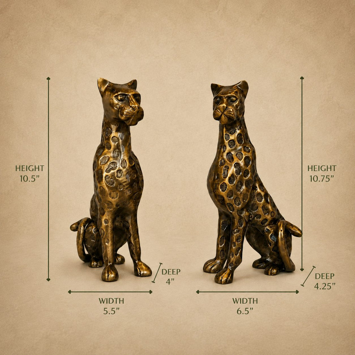 Bronze leopard sculpture set with dimensions, featuring two handcrafted antique-finish leopard figurines measuring 10.5" and 10.75" tall on a warm beige background by Inara Home Decor.