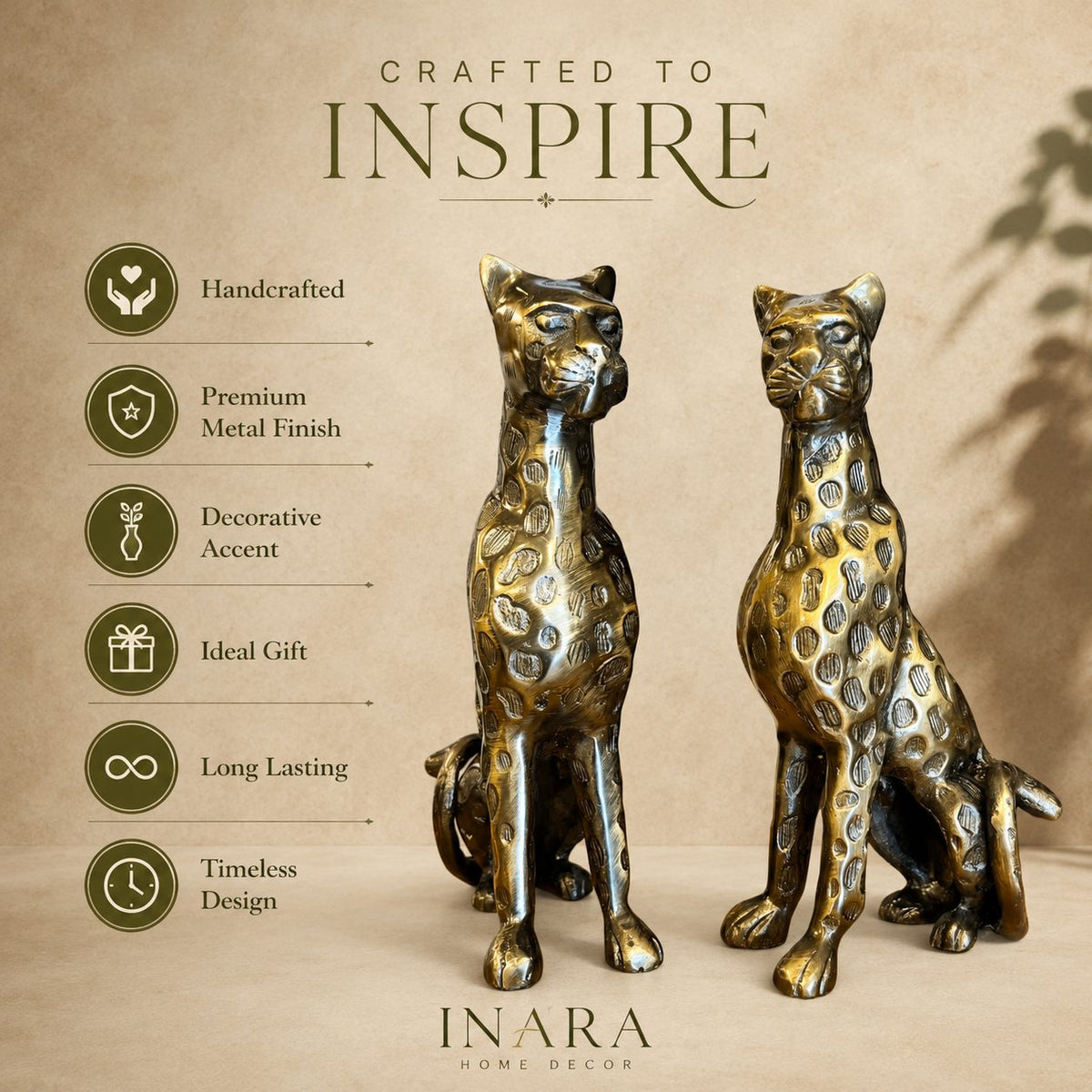 Features infographic showcasing a pair of handcrafted brass leopard sculptures with premium metal finish, highlighting handcrafted craftsmanship, decorative appeal, ideal gifting, long-lasting quality, and timeless design by Inara Home Decor.