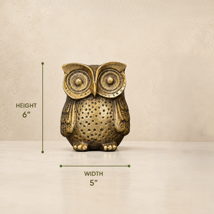 Antique brass owl bookend dimensions infographic showing 6-inch height and 5-inch width on a premium beige background by Inara Home Decor.