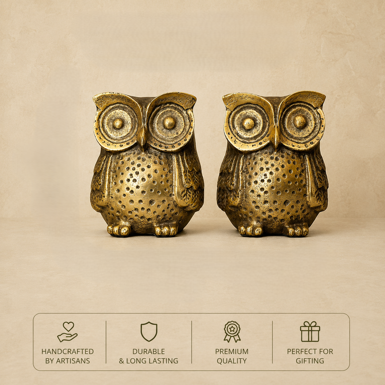 Handcrafted antique brass owl bookends set displayed on a warm beige background with feature icons highlighting artisan craftsmanship, durable construction, premium quality, and perfect gifting for luxury home décor.