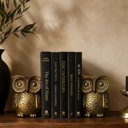 Antique brass owl bookends holding matte black hardcover books on a floating walnut shelf with a black ceramic vase, brass candle holder, and olive branches against a warm beige Venetian plaster wall. Luxury home décor lifestyle setting.