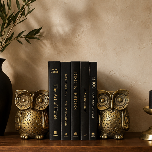 Antique brass owl bookends holding matte black hardcover books on a floating walnut shelf with a black ceramic vase, brass candle holder, and olive branches against a warm beige Venetian plaster wall. Luxury home décor lifestyle setting.