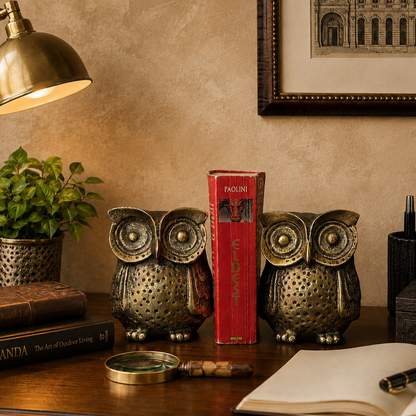 Antique brass owl bookends styled on a dark walnut desk with a red book, brass desk lamp, and luxury warm beige Venetian plaster wall backdrop in an elegant home study.