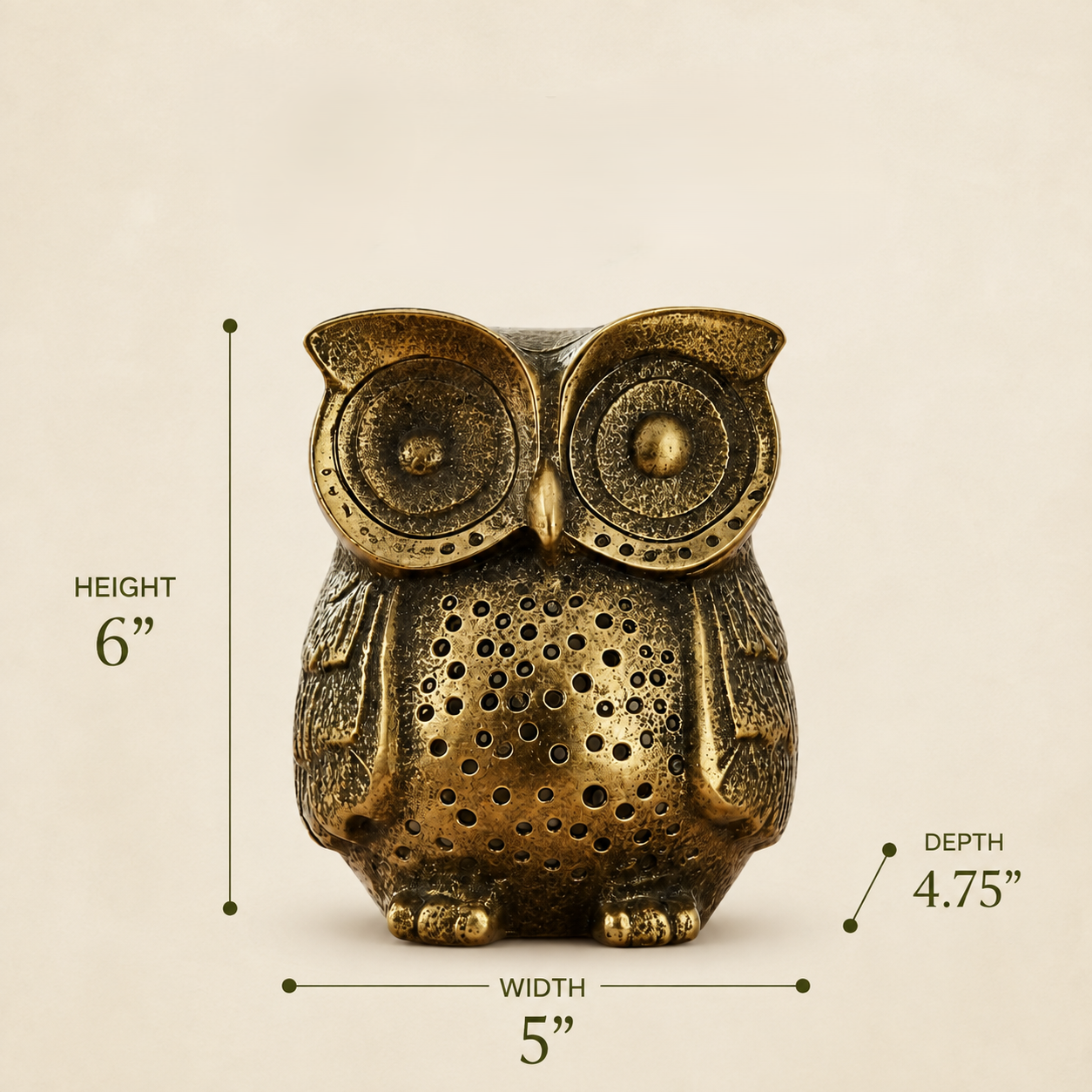 Antique brass owl figurine dimensions showing 6-inch height, 5-inch width, and 4.75-inch depth.