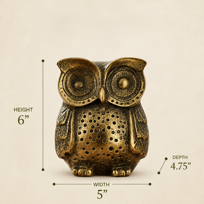 Antique brass owl figurine dimensions showing 6-inch height, 5-inch width, and 4.75-inch depth.
