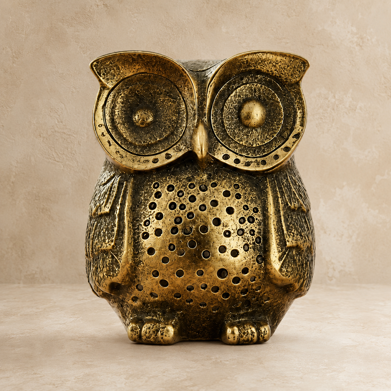 Antique brass owl figurine with vintage finish, luxury decorative sculpture for home décor, front view.