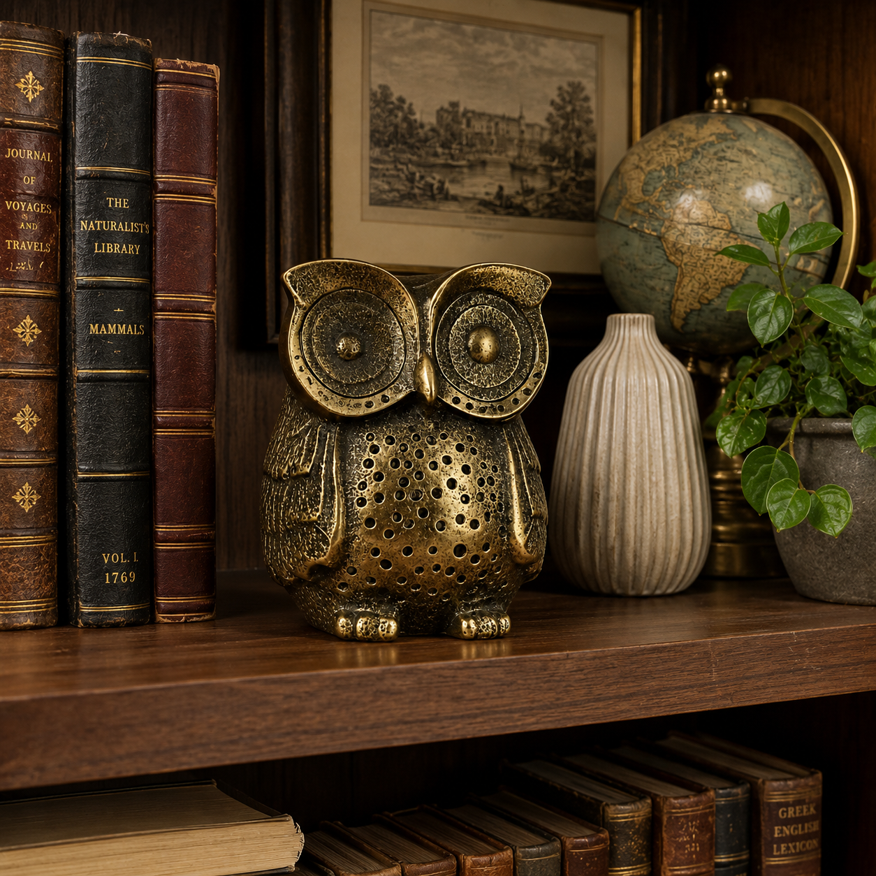 Antique brass owl figurine displayed on a wooden bookshelf with vintage books and decorative accessories in an elegant study.