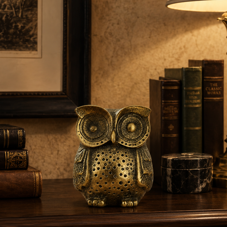 Antique brass owl figurine styled on a luxury wooden console with brass lamp, books, globe, and marble décor accessories.