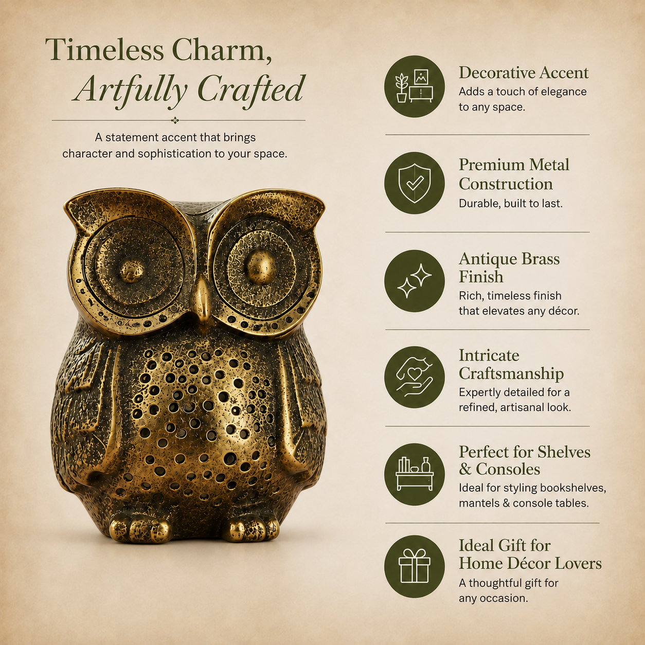 Antique brass owl figurine with premium metal construction, intricate craftsmanship, and decorative feature highlights, luxury home décor by Inara Home Decor.