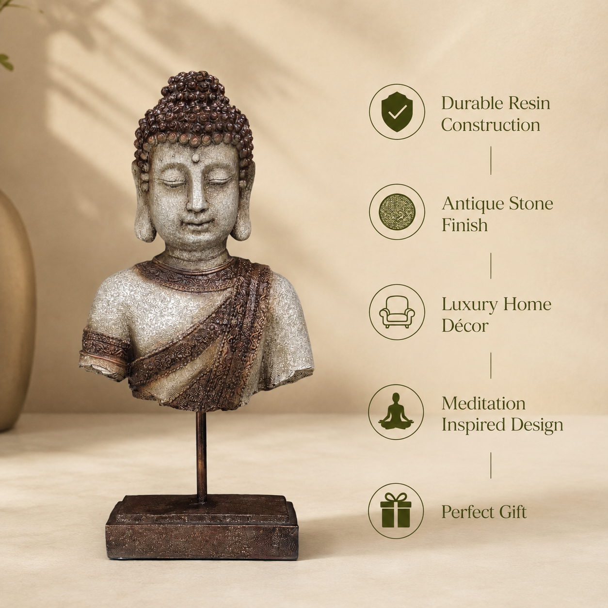 Premium antique Buddha bust sculpture featuring durable resin construction, antique stone finish, meditation-inspired design, and luxury home décor styling.
