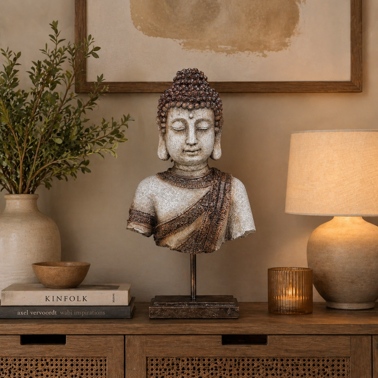 Antique finish Buddha bust sculpture displayed on a wooden console table with warm ambient lighting, decorative books, candle holder, and indoor plant in a serene modern interior setup.