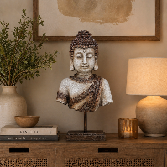 Antique finish Buddha bust sculpture displayed on a wooden console table with warm ambient lighting, decorative books, candle holder, and indoor plant in a serene modern interior setup.