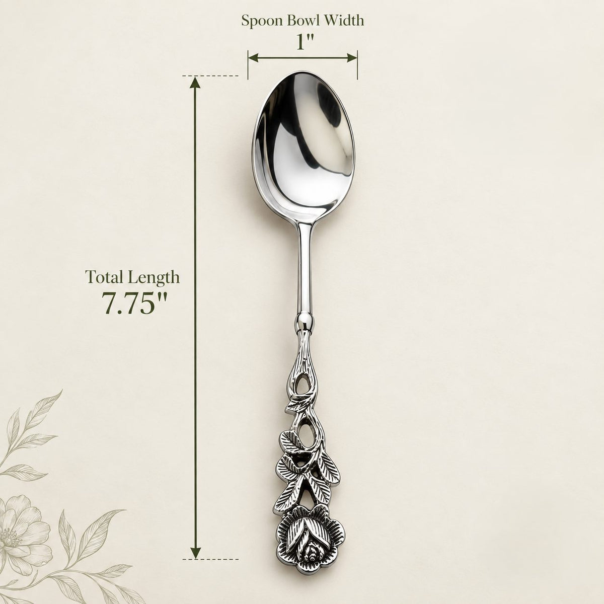 Antique silver floral serving spoons set with elegant rose handle design, 7.5-inch length measurement, displayed on a warm beige seamless matte microcement background.