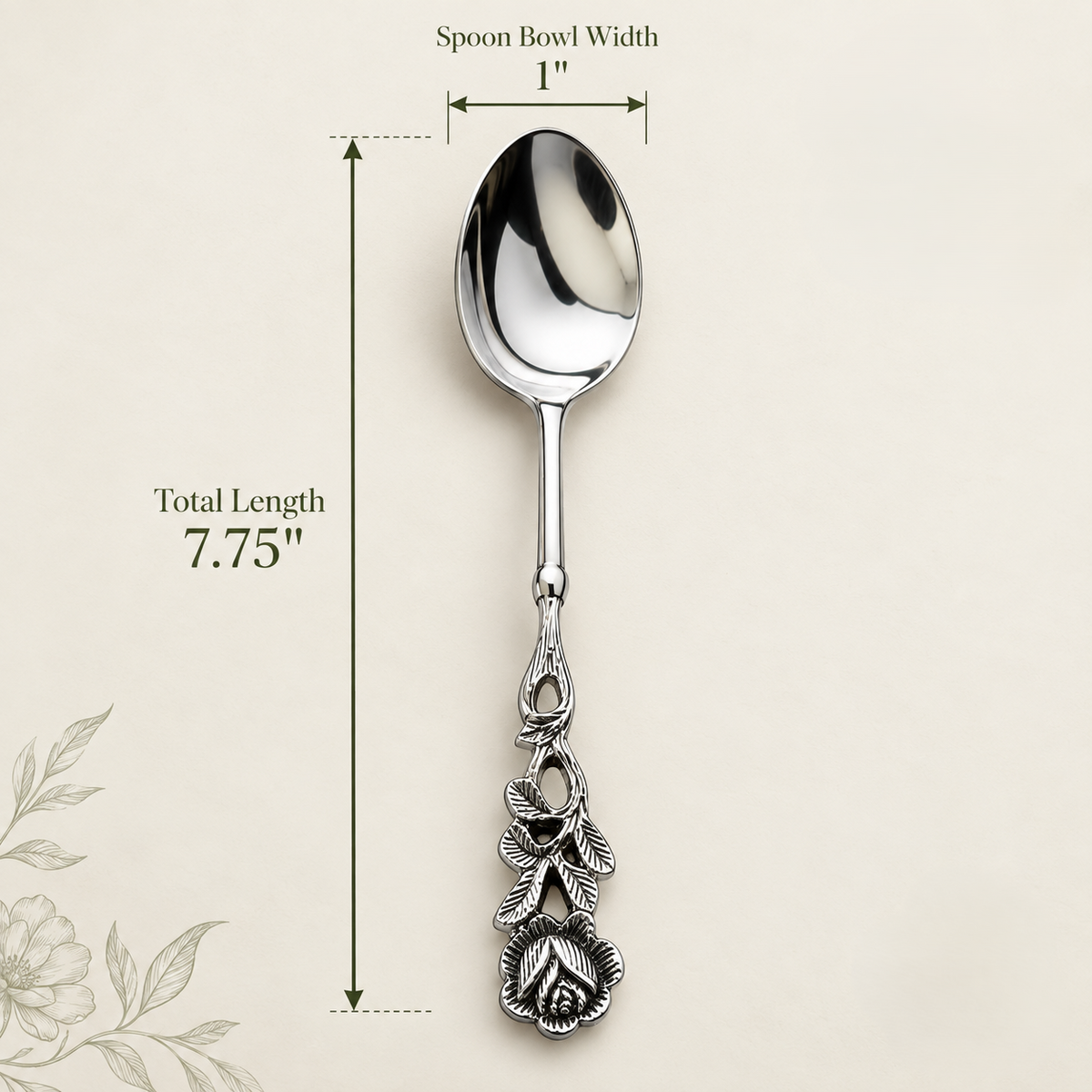 Antique silver floral serving spoons set with elegant rose handle design, 7.5-inch length measurement, displayed on a warm beige seamless matte microcement background.