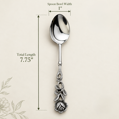Antique silver floral serving spoons set with elegant rose handle design, 7.5-inch length measurement, displayed on a warm beige seamless matte microcement background.