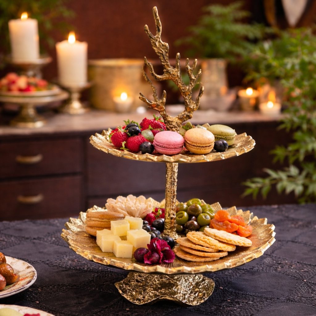 Antique Gold Brass 2 Tier Stand – It's time to turn up the elegance at your next dinner party with this elegant 2-tier stand which elevates | INARA
