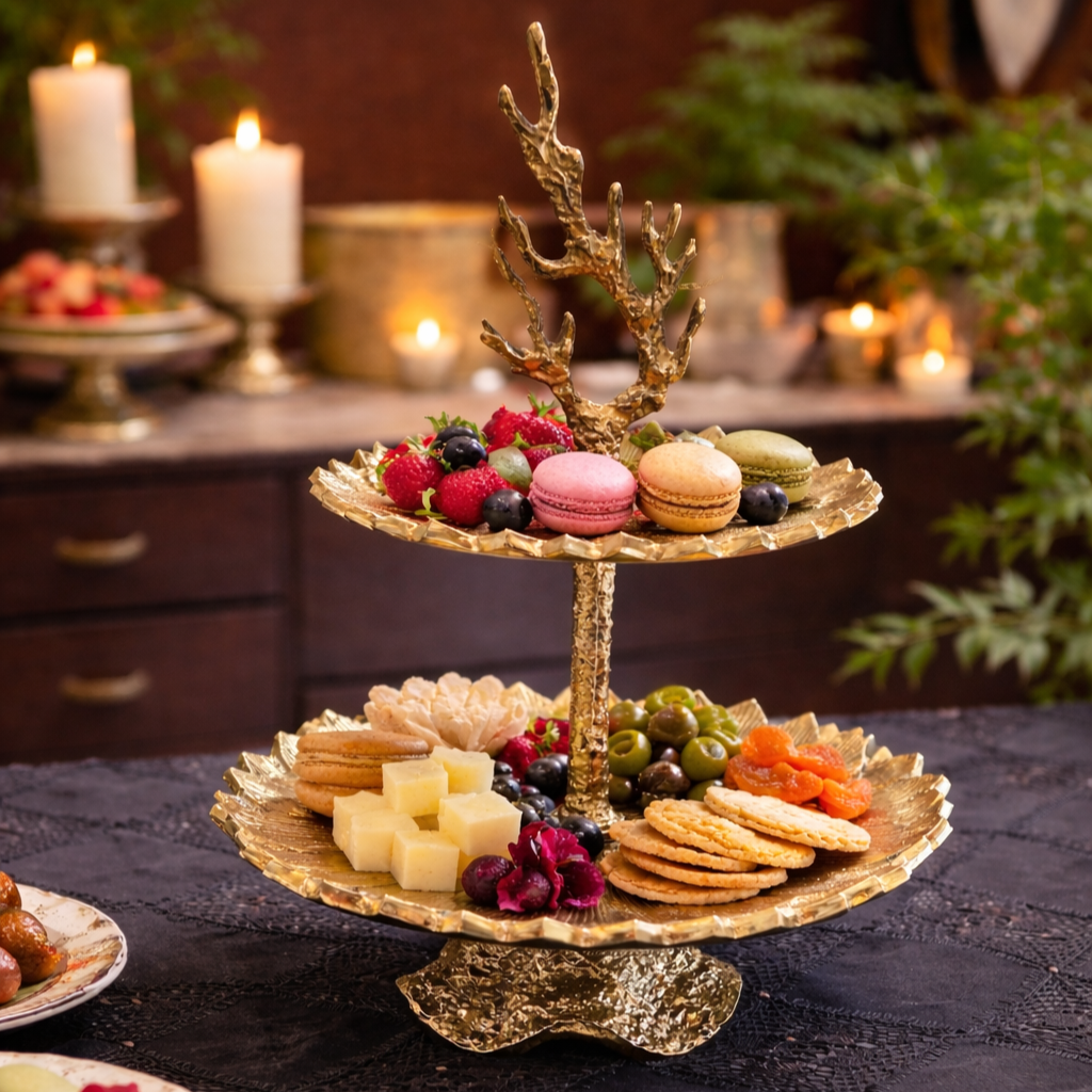 Antique Gold Brass 2 Tier Stand – It's time to turn up the elegance at your next dinner party with this elegant 2-tier stand which elevates | INARA