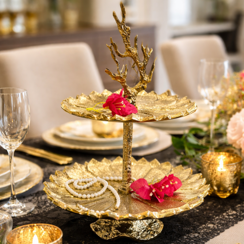 Antique Gold Brass 2 Tier Stand – close-up detail view | INARA