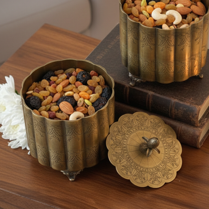 Antique gold brass dry fruit box with engraved detailing, round keepsake storage container filled with mixed nuts and decorative lid for luxury home décor and festive gifting
