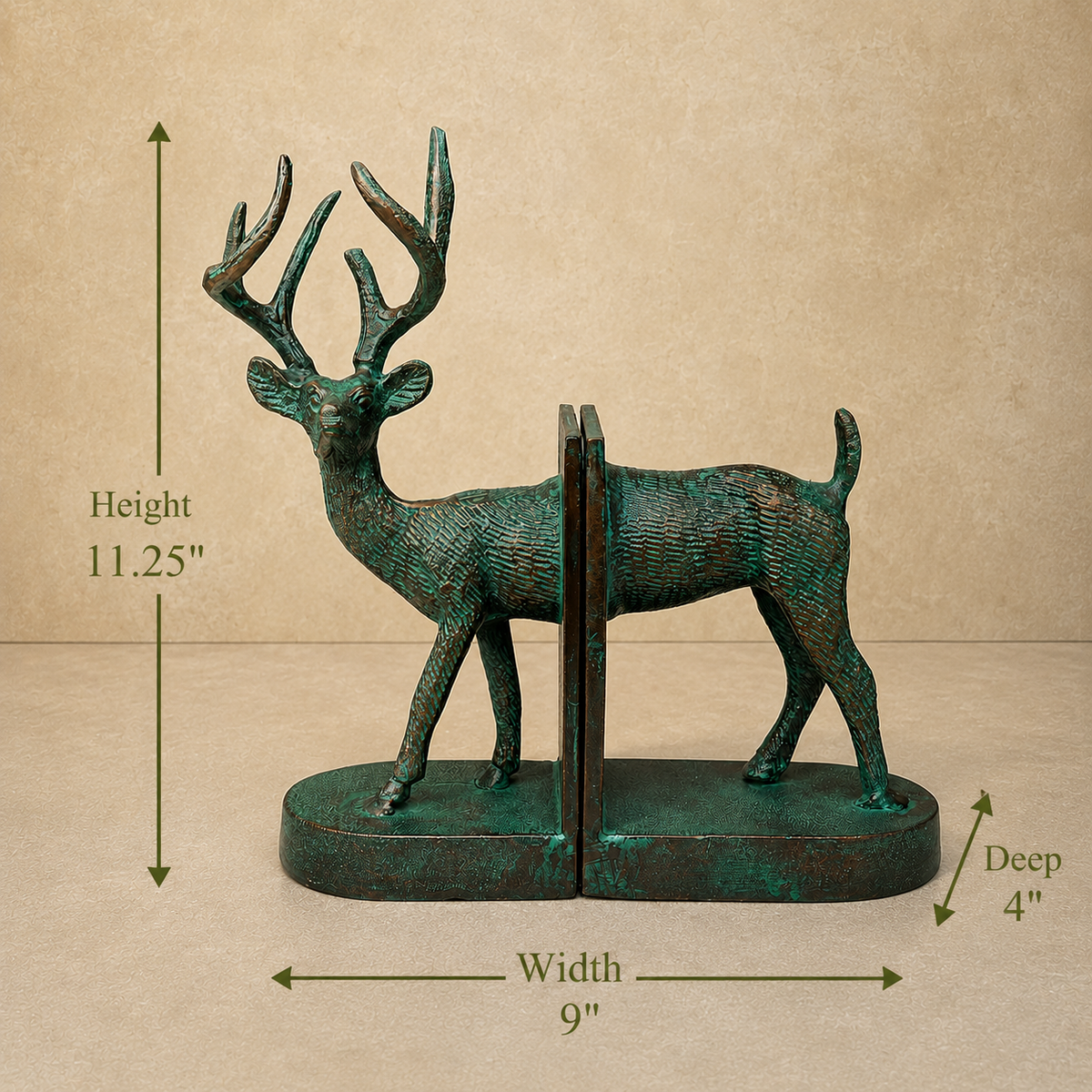 Dimensions of handcrafted verdigris deer bookends measuring 11.25 inches high, 9 inches wide, and 4 inches deep, ideal for bookshelves, console tables, and luxury home décor.