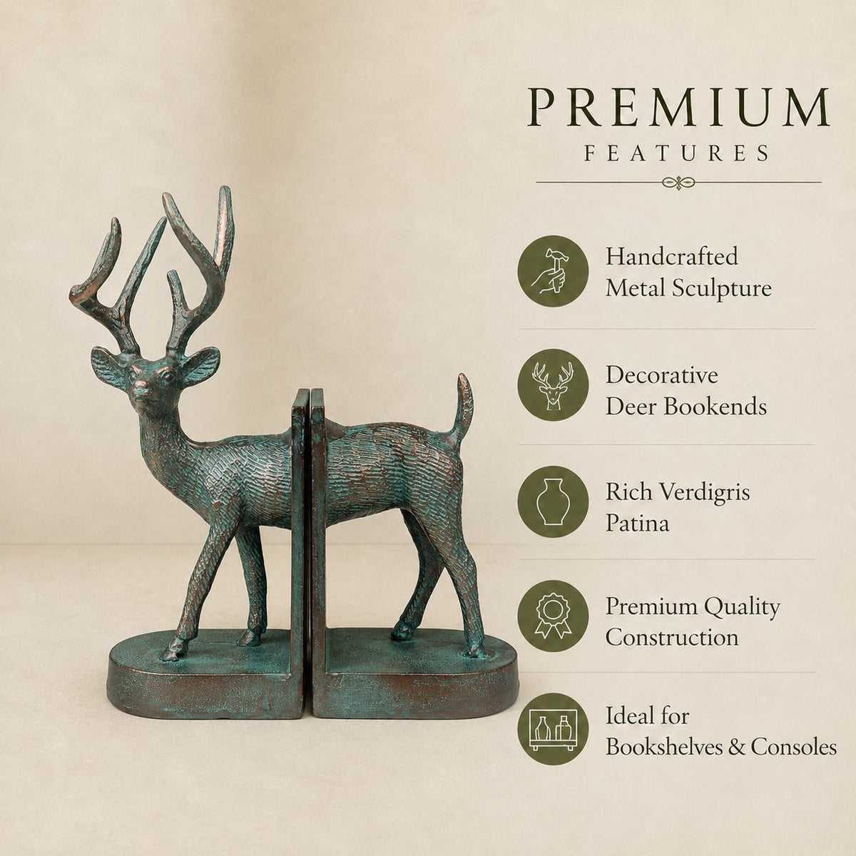 Premium handcrafted deer bookends highlighting verdigris patina, durable metal construction, decorative design, and ideal use for bookshelves and console tables.