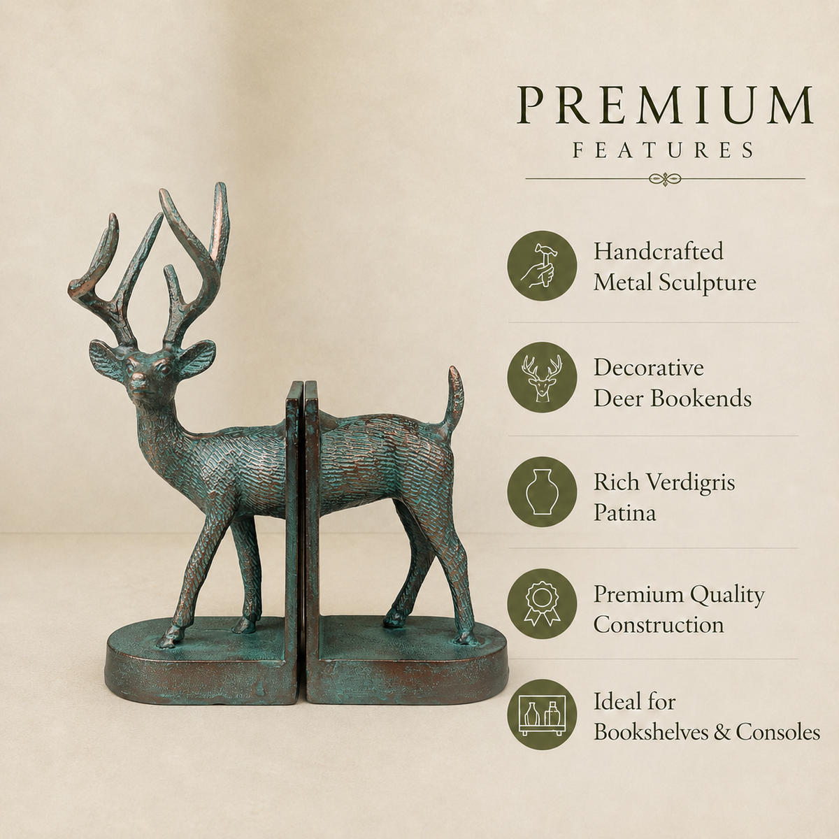 Premium handcrafted deer bookends highlighting verdigris patina, durable metal construction, decorative design, and ideal use for bookshelves and console tables.