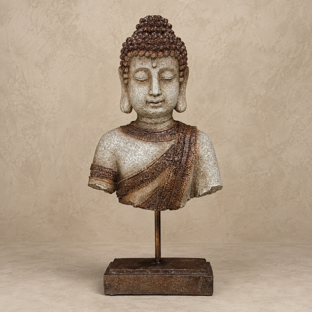 Antique resin Buddha bust sculpture on stand with antique stone finish for luxury home décor by Inara Home Decor.