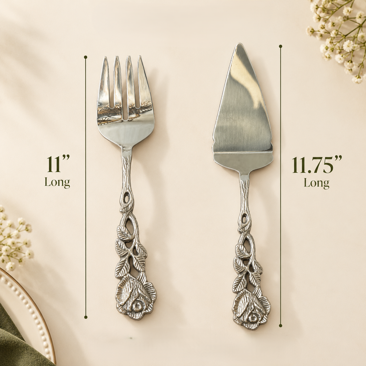 Dimensions of the Antique Rose cake server and serving fork set showing 11.75-inch cake server and 11-inch serving fork.