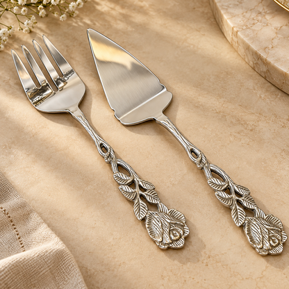 Luxury Antique Rose cake server and fork set with decorative floral handles, perfect for cake serving, celebrations, and gifting.