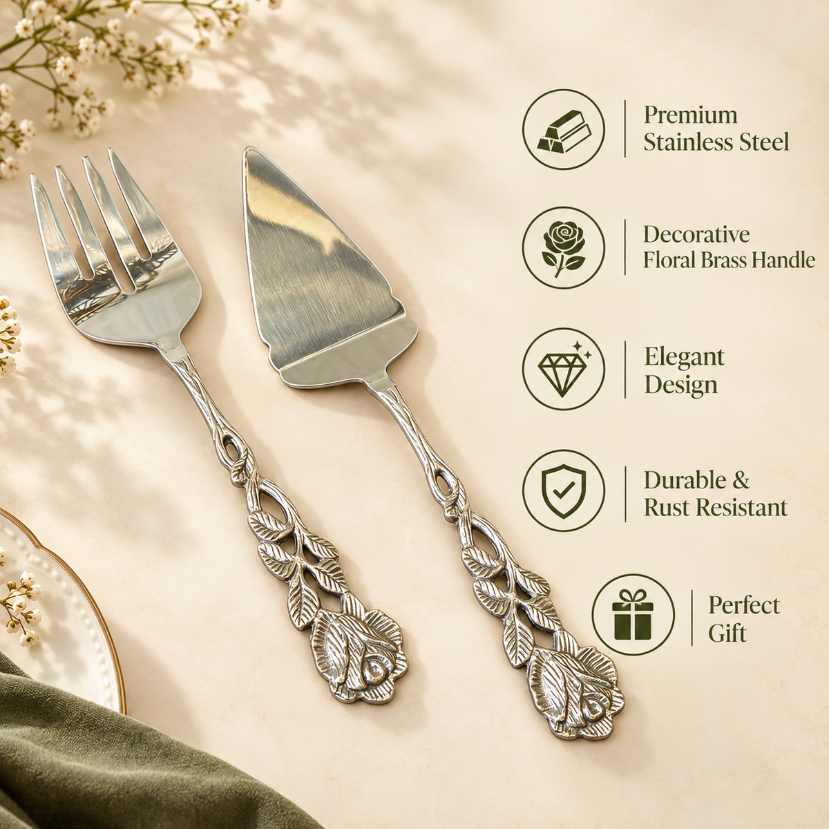 Antique Rose stainless steel cake server and fork set featuring premium stainless steel, decorative floral handles, elegant design, rust resistance, and gift-worthy craftsmanship.