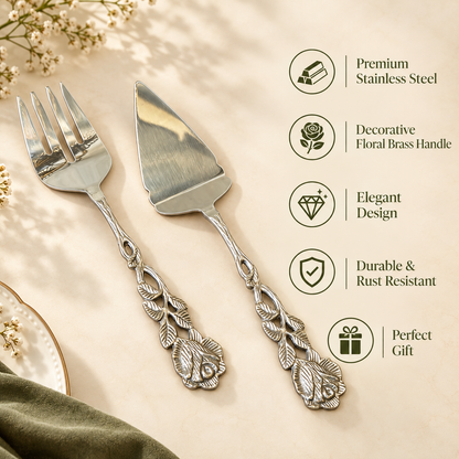 Antique Rose stainless steel cake server and fork set featuring premium stainless steel, decorative floral handles, elegant design, rust resistance, and gift-worthy craftsmanship.