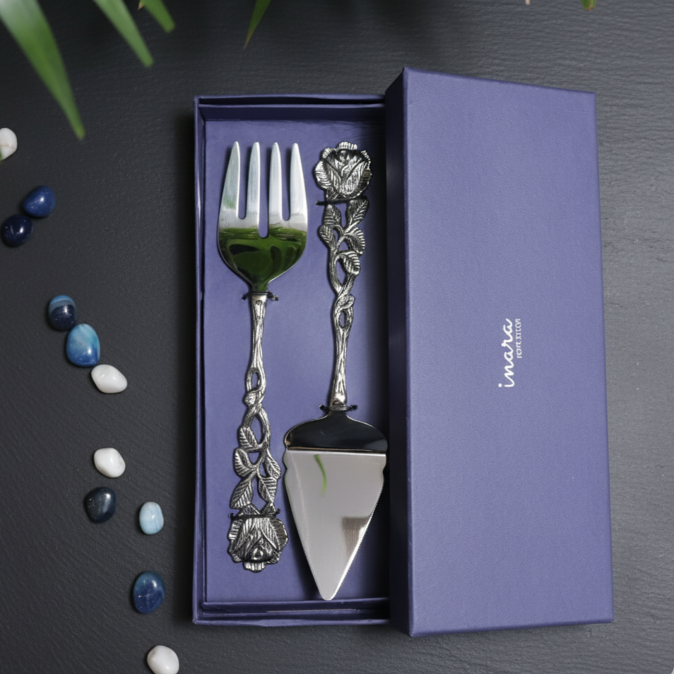 Antique rose cake server and fork set with intricate floral brass handles and stainless steel serving body, elegant dessert cutlery set for serving cakes and pastries in style