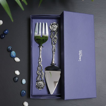 Antique rose cake server and fork set with intricate floral brass handles and stainless steel serving body, elegant dessert cutlery set for serving cakes and pastries in style