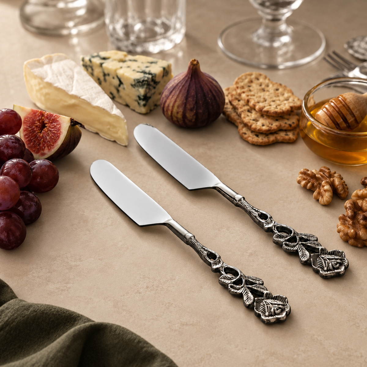 Antique Rose Cake Server Knife Set with ornate silver floral handles displayed alongside a gourmet cheese and charcuterie board featuring brie, blue cheese, figs, grapes, crackers, honey, and walnuts on a warm beige Venetian matte microcement surface.
