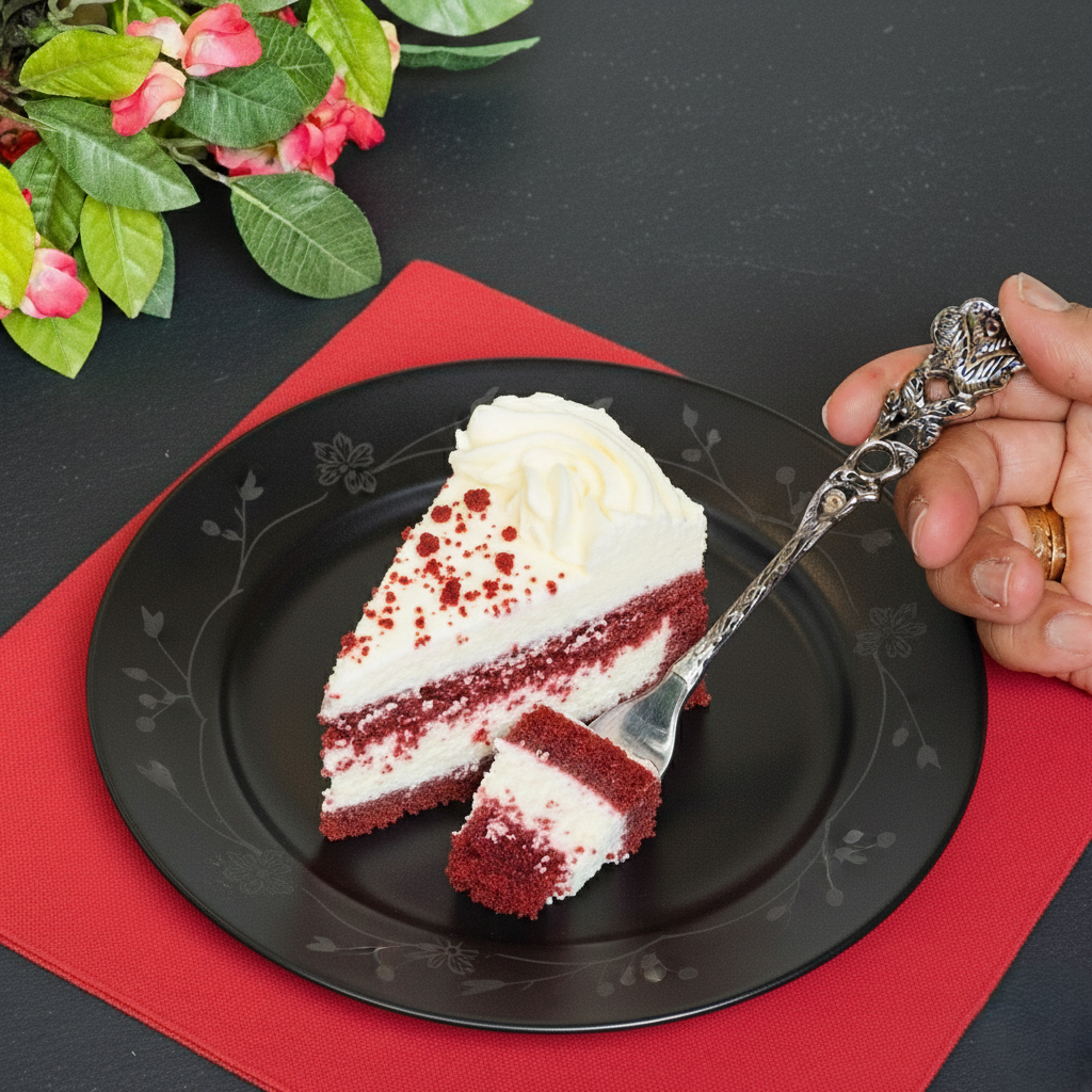 Hand using antique rose dessert fork serving red velvet cake on black plate vintage floral handle cutlery lifestyle image