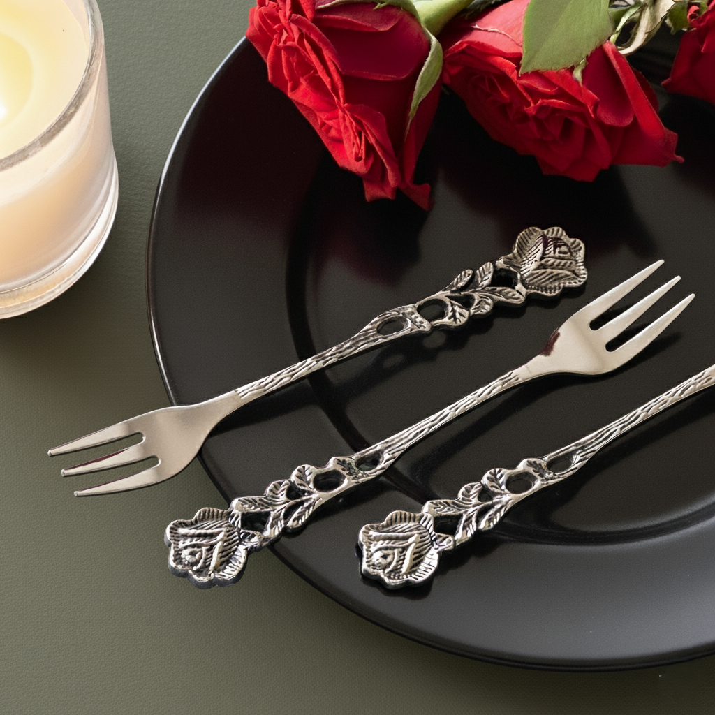 Antique rose fruit forks set with vintage floral handles displayed on black plate with red roses elegant dessert cutlery