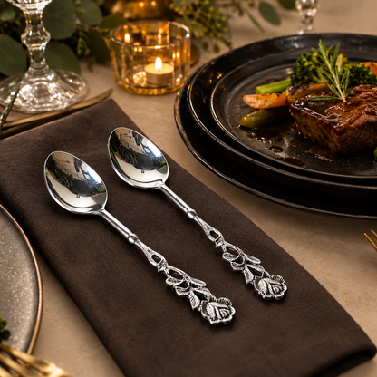 Antique Rose Silver Dessert Spoons Set of 2 displayed on a dark linen napkin with a luxury dining table setting on a warm beige Venetian seamless matte microcement surface.