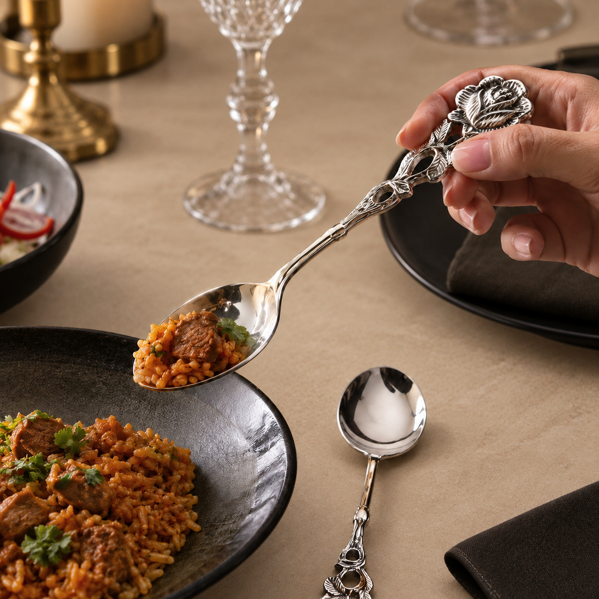 Antique Rose silver serving spoon with ornate floral handle serving rice in a luxury dining setting on a warm beige Venetian seamless matte microcement table, premium stainless steel flatware by Inara Home Decor.